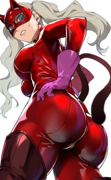 Rule 34 | 1girl, ass, ass focus, bakkanki, blue eyes, bodysuit, breasts, cameltoe, clenched teeth, embarrassed, from behind, from below, gloves, highres, huge ass, large breasts, light brown hair, long hair, looking back, looking down, persona, persona 5, red bodysuit, skin tight, solo, sweatdrop, tail, takamaki anne, teeth, twintails, very long hair