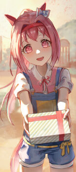 1girl absurdres animal_ears blue_overalls blush bow box commentary_request ear_bow ear_covers flower-shaped_pupils flower_in_eye gift gift_box hairband haru_urara_(casual)_(umamusume) haru_urara_(umamusume) headband highres holding holding_gift horse_ears horse_girl horse_tail incoming_gift long_hair looking_at_viewer open_mouth overall_shorts overalls pink_hair pink_headband pink_shirt ponytail red_headband ribbon shippo_(pixiv_18567314) shirt short_sleeves smile symbol-shaped_pupils symbol_in_eye tail teeth umamusume upper_teeth_only