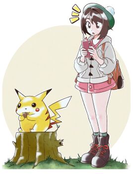 1girl :o absurdres ankle_boots backpack bag black_boots bob_cut boots border brown_background brown_bag brown_eyes brown_hair cable_knit cardigan commentary dress eating english_commentary food full_body gen_1_pokemon gloria_(pokemon) grass green_hat green_socks grey_cardigan hat highres holding holding_food holding_pokedex hood hood_down hooded_cardigan jeff_miga looking_at_object looking_down nintendo notice_lines nut_(food) open_mouth pikachu pink_dress plaid_clothes plaid_socks pokedex pokemon pokemon_swsh pom_pom_(clothes) short_hair sitting socks solo standing surprised swept_bangs tam_o&#039;_shanter toggles tree_stump w_arms white_border