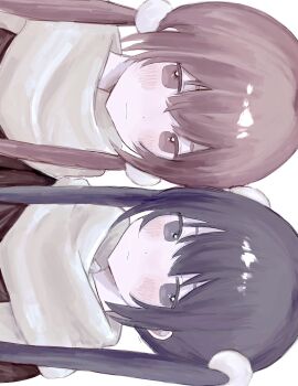 Rule 34 | 2girls, absurdres, black eyes, black hair, blush, closed mouth, crossed bangs, double-parted bangs, hair ornament, highres, long hair, looking at viewer, mg glc, multiple girls, original, pom pom (clothes), pom pom hair ornament, portrait, red eyes, red hair, scarf, sideways, simple background, twintails, upper body, white background, white scarf