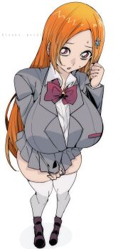 1girl artist_name bleach breasts brown_eyes female_focus full_body hair_ornament hairclip highres inoue_orihime jacket karakura_high_school_uniform kinakomochi_(user_vedc2333) large_breasts long_hair orange_hair parted_lips school_uniform shoes simple_background skindentation skirt snowflake_hair_ornament sweatdrop thighhighs thighs white_background white_thighhighs