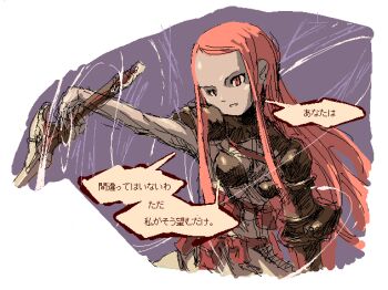 1girl armor black_armor breasts commentary_request dress fbc final_fantasy final_fantasy_tactics_advance holding holding_sword holding_weapon jaggy_lines long_hair medium_breasts pink_eyes pink_hair ritz_malheur solo speech_bubble swept_bangs sword translation_request weapon white_dress