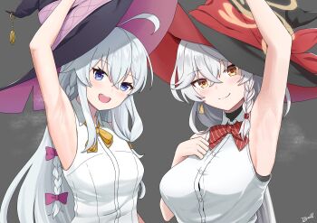 2girls absurdres ahoge arm_up armpits bare_arms black_hat blue_archive blush bow braid breasts closed_mouth commentary_request diagonal-striped_bow earrings elaina_(majo_no_tabitabi) eri_(blue_archive) grey_hair hair_between_eyes hat hat_ribbon highres jewelry large_breasts long_hair looking_at_viewer majo_no_tabitabi medium_breasts multiple_girls open_mouth plaid_bow red_bow red_ribbon ribbon shirt single_earring sleeveless sleeveless_shirt smile striped_bow tacticsalt upper_body very_long_hair white_shirt witch_hat