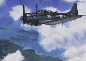 2boys absurdres acrylic_paint_(medium) atelier_bono bomber cloud dive_bomber flying gun highres island machine_gun military_vehicle multiple_boys ocean original painting_(medium) propeller sbd_dauntless sky traditional_media united_states_navy vehicle_focus weapon world_war_ii