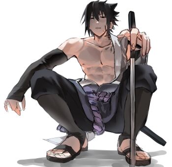 Rule 34 | 1boy, abs, arm on knee, black eyes, black hair, black pants, chokutou, collarbone, commentary request, detached sleeves, hair between eyes, hand on hilt, highres, i2d0012, korean commentary, looking at viewer, male focus, naruto (series), naruto shippuuden, neck tattoo, nipples, pants, parted lips, pectorals, purple rope, rope, rope belt, sandals, short hair, squatting, tattoo, teeth, toned, toned male, uchiha sasuke, unfinished