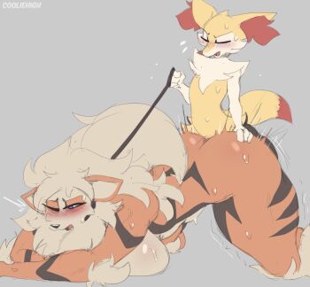 1boy 1girl animal_ear_fluff arcanine blue_eyes blush braixen breasts cooliehigh furry furry_female furry_male furry_with_furry gen_1_pokemon gen_6_pokemon grey_background hetero highres large_breasts mature_female multicolored_fur nintendo nude orange_fur pokemon pokemon_(creature) sex sex_from_behind simple_background size_difference tagme white_fur yellow_fur