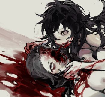 2girls bansheeiso black_hair blood body_horror breasts breasts_squeezed_together broken_skull cannibalism corpse crazy_eyes death exposed_bone girl_on_top grin guro hand_on_another's_face hand_on_another's_head highres long_hair looking_at_viewer multiple_girls nude original pool_of_blood smile yuri
