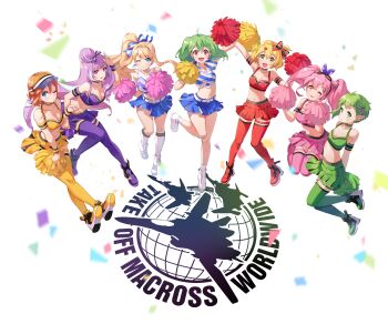 6+girls absurdres blonde_hair blue_eyes blue_hair blue_skirt breasts brown_eyes cheerleader cleavage freyja_wion green_hair green_skirt hair_behind_ear hair_bun highres holding holding_pom_poms kaname_buccaneer large_breasts long_hair macross macross_delta macross_frontier makina_nakajima medium_breasts medium_hair mikumo_guynemer mintpompom multicolored_hair multiple_girls one_eye_closed pink_hair pink_skirt pointy_ears pom_pom_(cheerleading) pom_poms ponytail purple_skirt ranka_lee red_skirt reina_prowler sheryl_nome short_hair silhouette single_hair_bun skirt small_breasts smile streaked_hair thigh_strap thighhighs twintails very_long_hair vf-25 vf-31 visor_cap walkure_(macross_delta) yf-29