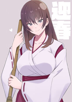 1girl breasts broom brown_eyes brown_hair collarbone commentary hakama hakama_skirt heart highres holding holding_broom japanese_clothes konishiki_(52siki) long_hair looking_at_viewer miko original red_skirt skirt smile solo translation_request