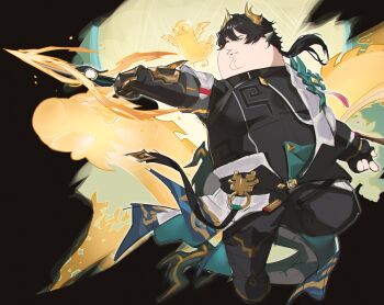 1boy absurdres aqua_tail black_gloves black_hair black_jacket black_pants blue_eyes cleft_chin cosplay dan_heng_(honkai:_star_rail) dan_heng_(honkai:_star_rail)_(cosplay) dickbutt dragon_boy dragon_horns family_guy fat fat_man fingerless_gloves gloves gold_horns highres honkai:_star_rail honkai_(series) horns jacket kowai_(iamkowai) medium_hair pants peter_griffin pointy_ears ponytail single_fingerless_glove solo