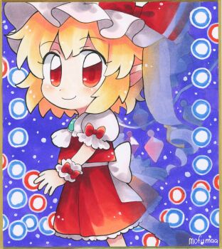 Rule 34 | 1girl, artist name, ascot, back bow, blonde hair, bow, brooch, chibi, chibi only, closed mouth, commentary request, crystal, crystal wings, danmaku, flandre scarlet, frilled skirt, frills, hat, highres, jewelry, looking at viewer, maa (forsythia1729), mob cap, multicolored wings, one side up, puffy short sleeves, puffy sleeves, red bow, red eyes, red skirt, red vest, shikishi, short sleeves, skirt, skirt set, sleeve bow, smile, solo, touhou, vest, white ascot, white bow, white hat, wings