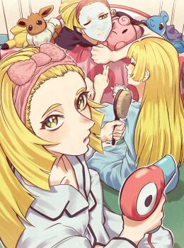 1boy 2girls andrich_galam beauty_treatment bed blonde_hair blue_pajamas bow bright_pupils eevee gen_1_pokemon gladion_(pokemon) green_eyes hair_brush hair_tie highres jigglypuff lapras lillie_(pokemon) looking_at_viewer lusamine_(pokemon) mother_and_child mother_and_daughter mother_and_son multiple_girls nintendo one_eye_closed pajamas parent_and_child pikachu pink_bow pokemon pokemon_sun_and_moon porygon sitting stuffed_animal stuffed_toy white_pupils