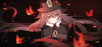 1girl absurdres black_nails brown_coat brown_hair brown_hat bug butterfly closed_mouth coat flower flower-shaped_pupils genshin_impact hair_flaps hands_on_own_cheeks hands_on_own_face hat hat_flower hat_tassel highres hu_tao_(genshin_impact) insect jewelry lingxing_spooradic long_hair long_sleeves looking_at_viewer plum_blossoms porkpie_hat red_butterfly red_eyes red_flower ring sidelocks simple_background smile solo symbol-shaped_pupils twintails upper_body very_long_hair