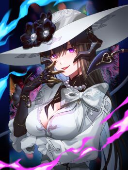 1girl asymmetrical_gloves black_gloves black_hair breasts cleavage collarbone demon_girl demon_horns demon_tail dress flower gloves hand_up hat hat_flower highres honkai:_star_rail honkai_(series) horns hoyolab_username large_breasts long_sleeves looking_at_viewer mismatched_gloves mole mole_under_eye pochimaru_(marumaru_wanwan) purple_eyes sun_hat tail the_dahlia_(honkai:_star_rail) tongue tongue_out upper_body white_dress white_gloves white_hat