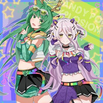 Rule 34 | 2girls, ahoge, animal ear fluff, animal ears, antlers, arm warmers, bare shoulders, black choker, black ribbon, bracelet, choker, commentary, cropped hoodie, deer ears, elbow gloves, english commentary, eyewear on head, fake animal ears, fingerless gloves, flower, frilled tube top, frills, gloves, gradient hair, green eyes, green gloves, green hair, green shorts, grey hair, hair between eyes, hair ornament, hair ribbon, haruka karibu, heart, heart print, henya the genius, highres, hood, hoodie, horns, idol clothes, jewelry, long bangs, long hair, looking at viewer, multicolored hair, multicolored skirt, multiple girls, navel, open mouth, pleated skirt, purple gloves, purple hair, ribbon, shorts, sidelocks, skirt, smile, star (symbol), star print, strapless, tinted eyewear, tobio illust, tube top, two side up, v, virtual youtuber, vshojo, vshojo idol uniform (candy pop), white hoodie, yellow-tinted eyewear, yellow eyes, yellow flower