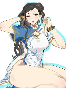 1girl 8_osc adjusting_hair bracelet breasts brown_eyes brown_hair capcom china_dress chinese_clothes chun-li cleavage_cutout clothing_cutout dress earrings gold_trim hair_bun highres jewelry large_breasts no_pants one_eye_closed sitting sketch solo street_fighter street_fighter_6 thick_thighs thighs