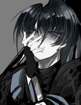 1girl ado_(utaite) black_gloves black_hair black_shirt blue_eyes commentary_request fingerless_gloves gloves grey_background hand_on_own_face highres long_hair mizume_namida naima_(ado) shirt simple_background solo usseewa