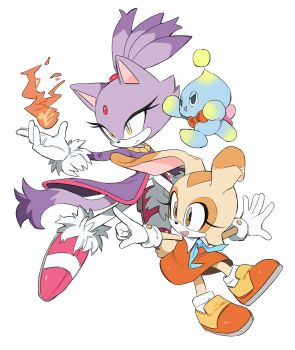 2girls absurdres animal_ears blaze_the_cat brown_eyes cat_ears cat_girl cat_tail cheese_(sonic) closed_mouth coat cream_the_rabbit dress fire forehead_jewel full_body furry furry_female gloves highres long_sleeves looking_to_the_side multiple_girls open_mouth orange_dress pants purple_coat pyrokinesis rabbit_ears rabbit_girl rabbit_tail shoes sleeveless sleeveless_dress sonic_(series) tail unneul white_background white_gloves white_pants yellow_eyes