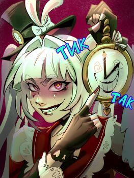 1girl alice's_adventures_in_wonderland bare_shoulders black_gloves black_hat clock commentary english_commentary fingerless_gloves gloves hair_intakes hat highres holding_clock honkai:_star_rail honkai_(series) meme mini_hat mini_top_hat nail_polish parody pivkamne pointing purple_eyes red_nails solo sparkle_(honkai:_star_rail) sparxie_(honkai:_star_rail) top_hat upper_body white_hair white_rabbit_pointing_at_a_clock_(meme)