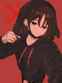 1girl absurdres animal_ear_hood animal_ears bandaged_hand bandaged_neck bandages barbell_piercing black_hoodie black_mask black_pants blue_archive brown_hair commentary_request ear_piercing fake_animal_ears hakoyu_u halo highres hood hood_up hoodie industrial_piercing looking_at_viewer mask mask_pull misaki_(blue_archive) mouth_mask pants piercing red_background red_eyes red_halo short_hair simple_background solo surgical_mask torn_clothes torn_pants