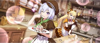 2girls ^^^ apron ascot bag baking blonde_hair blue_eyes bow breasts brown_bag brown_bow brown_dress brown_gloves brown_hat buttons cabinet cake chocolate_icing chris_(konosuba) cleavage cleavage_cutout clothing_cutout cookie_cutter cooking_pot cutting_board darkness_(konosuba) dot_nose double-breasted double-parted_bangs dress dutch_angle facial_scar faucet food food_on_hand frying_pan game_cg gloves green_ascot hair_bow hat heart high_ponytail highres holding holding_plate icing indoors kitchen kono_subarashii_sekai_ni_shukufuku_wo! konosuba!_fantastic_days ladle large_breasts lens_flare licking_own_finger long_hair looking_at_viewer multiple_girls newsboy_cap official_art one_eye_closed open_mouth orange_dress plate ponytail puffy_short_sleeves puffy_sleeves purple_eyes purple_hair rolling_pin scar scar_on_cheek scar_on_face short_hair short_sleeves sink small_sweatdrop sparkle spatula star_(symbol) strawberry_cake striped_bow surprised table tasting teapot third-party_source tile_wall tiles tongue tongue_out towel whipped_cream white_apron wooden_table