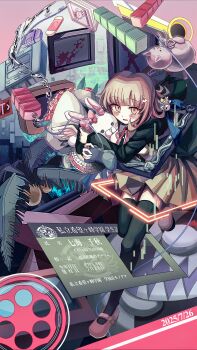 1girl :d absurdres black_jacket black_thighhighs blush bow brown_hair brown_skirt controller danganronpa_(series) danganronpa_2:_goodbye_despair ear_bow frilled_skirt frills game_controller highres holding holding_controller holding_game_controller jacket medium_hair nanami_chiaki open_clothes open_jacket open_mouth pink_bow pink_eyes pink_shoes pink_skirt pleated_skirt shoes skirt smile thighhighs usami_(danganronpa) wings xing_mao_yin_(ksyd4458)