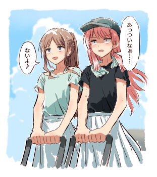 Rule 34 | 2girls, bad id, bad twitter id, bang dream!, bang dream! it's mygo!!!!!, black shirt, blue sky, border, chihaya anon, cloud, cowboy shot, eighth note, green hat, green shirt, hat, highres, multiple girls, musical note, nagasaki soyo, open mouth, outdoors, parted bangs, pink hair, pleated skirt, ponytail, shirt, short sleeves, sidelocks, skirt, sky, speech bubble, spoken musical note, straight hair, towel, towel around neck, translation request, white border, white skirt, yukitake (bullfalk)