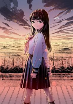 1girl akebi-chan_no_serafuku akebi_komichi black_eyes black_hair black_skirt black_socks blunt_bangs bow breasts cloud cloudy_sky colorized english_text female_focus highres hiro_(dismaless) legs long_hair long_sleeves looking_at_viewer looking_back manga_illustration manga_page official_art outdoors pink_bow pleated_skirt roubai_academy_school_uniform_(old) school_uniform serafuku skirt sky small_breasts socks solo solo_focus thighs translated white_serafuku
