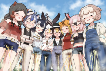 animalization bald_eagle_(kemono_friends) belt blouse blush closed_eyes denim formal_clothes golden_snub-nosed_monkey_(kemono_friends) greater_flamingo_(kemono_friends) grey_wolf_(kemono_friends) hat highres hippopotamus_(kemono_friends) jeans kemono_friends kemono_friends_3 maltese_tiger_(kemono_friends) multiple_girls northern_goshawk_(kemono_friends) open_mouth overalls pants pee peeing peeing_self peeing_together red_sweater sheep_(kemono_friends) shirt short_shorts shorts sky suit sunglasses sweater white_shirt white_suit winged_hat wings