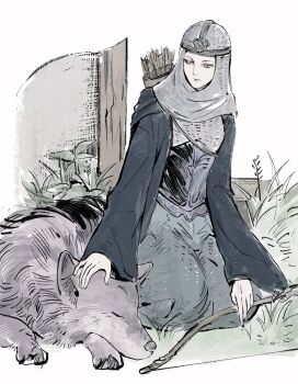 1girl animal armor black_shirt blue_eyes bow_(weapon) chainmail circlet coif elden_ring highres latenna_the_albinauric lobo_(elden_ring) outdoors petting shirt sitting sqqccca weapon white_background white_hair white_wolf wide_sleeves wolf