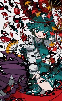 1girl :p absurdres black_ribbon blue_eyes blue_hair blue_skirt blue_vest blush closed_mouth commentary_request heterochromia highres holding holding_umbrella juliet_sleeves karakasa_obake long_sleeves looking_at_viewer neruzou oil oil-paper_umbrella paper_chain puffy_sleeves red_eyes ribbon shirt short_hair skirt solo tatara_kogasa tongue tongue_out touhou umbrella vest white_shirt