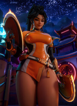 3d absurdres anran_(overwatch) black_hair breasts cleavage commentary english_commentary folding_fan hand_fan highres holding holding_fan looking_at_viewer overwatch strykeraxi thighs