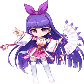 1girl alpha_transparency artist_request ayanokouji_kanna blunt_ends blush breasts brown_sandals chibi chibi_only closed_mouth detached_sleeves earrings eyelashes floral_print floral_print_hakama floral_print_skirt floral_print_sleeves flower_knot folding_fan frilled_hakama frilled_skirt frills full_body gem hairband hakama hakama_skirt hand_fan highres holding holding_fan japanese_clothes jewelry kimono long_hair long_sidelocks long_sleeves looking_at_viewer maplestory maplestory_m medium_breasts miniskirt nexon no_nose obi obiage obidome obijime official_art outstretched_arms pink_eyes pink_hakama pink_ribbon pink_skirt print_skirt purple_gemstone purple_hair purple_hairband purple_sash ribbon ribbon-trimmed_sleeves ribbon-trimmed_thighhighs ribbon_trim sandals sash second-party_source sidelocks simple_background skirt sleeve_ribbon sleeveless sleeveless_kimono solo split_mouth spread_arms straight_hair tassel teeth thighhighs transparent_background very_long_hair white_kimono white_sleeves white_thighhighs wide_sleeves