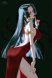 1girl ai-assisted arched_back armlet artist_name ass backless_dress backless_outfit bare_shoulders black_hair blue_eyes boa_hancock bracelet breasts butt_crack cowboy_shot dark_background dim_lighting dress earrings film_grain finger_to_mouth from_side green_background hand_on_own_thigh highres index_finger_raised jewelry large_breasts lipstick long_hair looking_at_viewer makeup nail_polish one_piece prixmal red_dress red_lips red_nails side_slit sideboob sidelighting sideways_glance simple_background slave_brand snake_earrings snake_print solo straight_hair thighs very_long_hair