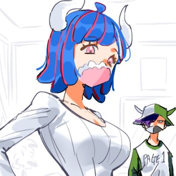 1boy 1girl ahoge alternate_hair_length alternate_hairstyle blue_hair breasts brother_and_sister collarbone commentary hat horns large_breasts long_sleeves looking_at_viewer lowres mask mouth_mask one_piece page_one_(one_piece) pink_eyes purple_eyes raine_(acke2445) ribbed_shirt shirt short_hair siblings simple_background symbol-only_commentary ulti_(one_piece) upper_body white_shirt