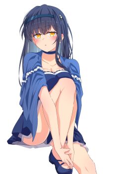 1girl absurdres black_camisole black_choker black_hair black_hairband black_skirt blue_capelet blush bone_hair_ornament breast_press breasts camisole capelet choker cleavage collarbone commentary eyelashes eyes_visible_through_hair feet_out_of_frame frilled_capelet frilled_choker frills hair_between_eyes hair_ornament hairband highres hugging_own_legs interlocked_fingers knee_up kushima_kamome kyamiuu large_breasts long_hair looking_at_viewer no_socks open_mouth own_hands_together simple_background sitting skirt skull_and_crossbones skull_hair_ornament solo summer_pockets thighs v_arms white_background yellow_eyes