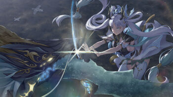 1girl 1other absurdres black_collar black_dress bow breasts bright_pupils clenched_teeth coat collar colored_eyelashes commentary dragon dress earrings eastern_dragon eastern_dragon_horns hair_bow hair_rings highres jewelry jinhsi_(wuthering_waves) jue_(wuthering_waves) large_breasts long_hair low_twintails midair mole mole_on_thigh multiple_hair_bows outstretched_arms sideboob sword teeth thighhighs toroe02 twintails v-shaped_eyebrows very_long_hair weapon white_bow white_coat white_eyelashes white_eyes white_hair white_pupils white_thighhighs wuthering_waves