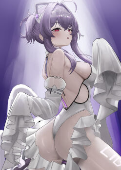 1girl absurdres ahoge alternate_breast_size_(larger) ass breasts commentary from_behind goddess_of_victory:_nikke highres leotard liberalio_(nikke) medium_breasts medium_hair purple_hair red_eyes sideboob small_chair_(xiaosaiyi33818) solo thighs triangle_mouth white_leotard