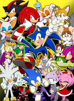 &gt;_&lt; 6+boys 6+girls absurdres amy_rose android animal_ears anniversary arm_up big_the_cat black_eyes blaze_the_cat blue_eyes chao_(sonic) charmy_bee cheese_(sonic) classic_sonic closed_eyes cream_the_rabbit crossed_arms e-123_omega emerl_(sonic) espio_the_chameleon everyone frown furry furry_female furry_male gemerl green_eyes grin group_picture highres jet_the_hawk knuckles_the_echidna melty_blood midair multiple_boys multiple_girls open_mouth purple_eyes realshadowfan01 red_eyes robot rouge_the_bat shadow_the_hedgehog silver_the_hedgehog smile sonic_(series) sonic_the_hedgehog sonic_the_hedgehog_(classic) storm_the_albatross tail tails_(sonic) tsukihime vanilla_the_rabbit vector_the_crocodile wave_the_swallow yellow_background yellow_eyes