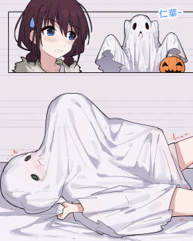 2girls blue_eyes blush chinese_commentary commentary_request ghost_costume girls_band_cry halloween highres hina_(girls_band_cry) implied_sex iseri_nina jack-o&#039;-lantern multiple_girls parted_lips red_hair short_twintails trembling twintails two_side_up yun_cao_bing yuri