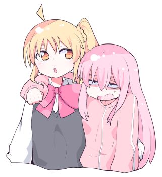 2girls :o ahoge arm_over_head blonde_hair bocchi_the_rock! bow commentary_request constricted_pupils cropped_torso exhausted gotoh_hitori grey_sweater_vest hair_between_eyes hifumitaka highres ijichi_nijika jacket long_hair long_sleeves looking_at_another multiple_girls open_mouth pink_hair pink_jacket red_bow sanpaku school_uniform shaded_face shimokitazawa_high_school_uniform shirt side_ponytail simple_background sweat sweater_vest track_jacket upper_body white_background white_shirt yellow_eyes
