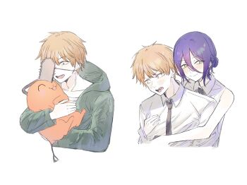 1boy 1girl 1other bare_arms bare_shoulders black_necktie black_ribbon blonde_hair blush chainsaw chainsaw_man closed_eyes collared_shirt commentary_request creature denji_(chainsaw_man) eyepatch green_eyes green_jacket hair_between_eyes hair_bun hetero highres hood hood_down hooded_jacket hug hug_from_behind jacket medium_hair neck_ribbon necktie nishi241_i open_mouth pochita_(chainsaw_man) purple_hair reze_(chainsaw_man) ribbon sharp_teeth shirt short_hair sleeveless sleeveless_shirt smile teeth updo upper_body white_background white_shirt