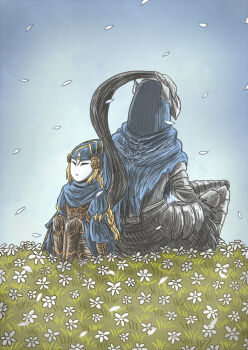 1boy 1girl armor armored_boots artorias_the_abysswalker blonde_hair blue_cape boots braid cape chainmail commentary_request dark_souls_(series) dark_souls_i empthylee flower full_body gauntlets grass highres knight lord&#039;s_blade_ciaran masked petals single_braid sitting white_flower