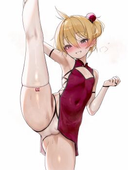 1boy azulasi blonde_hair blush bulge china_dress chinese_clothes commentary covered_navel crossdressing crossdressing_(mtf) dress grey_eyes grin highres kagamine_len looking_at_viewer male_focus panties parted_lips red_dress short_hair simple_background skindentation smile solo split standing standing_on_one_leg standing_split teeth thighhighs trap underwear vocaloid white_background white_panties white_thighhighs