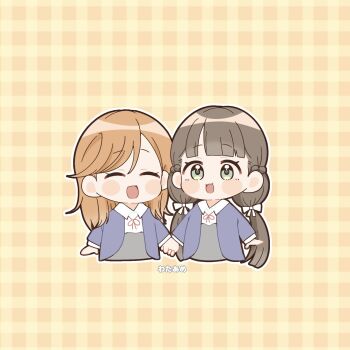 Rule 34 | 2girls, :3, :d, ^ ^, artist name, blue jacket, blush stickers, braid, brown hair, center-flap bangs, closed eyes, collared shirt, commentary request, dress shirt, flipped bangs, gingham background, green eyes, half up braid, highres, holding hands, jacket, love live!, love live! superstar!!, low twintails, multiple girls, neck ribbon, open clothes, open jacket, open mouth, orange background, orange hair, red ribbon, ribbon, sakurakoji kinako, school uniform, shibuya kanon, shirt, smile, twintails, wataame. (rubytan 25), white shirt, winter uniform, yuigaoka school uniform
