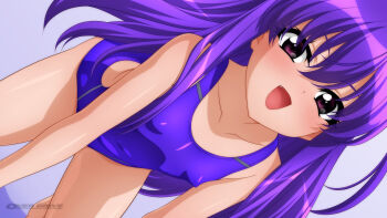 1girl absurdres all_fours blue_one-piece_swimsuit breasts commentary_request competition_swimsuit dutch_angle fang highres looking_at_viewer one-piece_swimsuit original purple_eyes purple_hair small_breasts smile solo sugimura_tomokazu swimsuit v-shaped_eyebrows