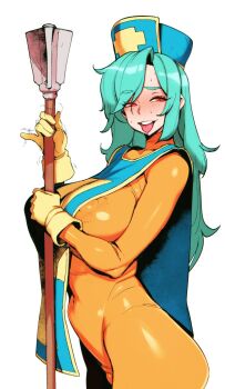 1girl aqua_hair arm_up bodysuit breasts covered_erect_nipples cowboy_shot doxy dragon_quest dragon_quest_iii gloves handjob_gesture highres holding holding_mace holding_weapon huge_breasts long_hair mace naughty_face orange_bodysuit priest_(dq3) red_eyes sexually_suggestive simple_background smile solo tabard tongue tongue_out weapon white_background yellow_gloves