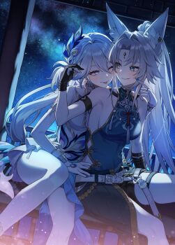 2girls ;p animal_ear_fluff animal_ears aqua_eyes artist_request belt blue_eyes bracelet breasts cheek_poking clothing_cutout commentary_request curtained_hair dress earrings feixiao_(honkai:_star_rail) forehead_jewel fox_ears fox_girl gloves hair_between_eyes high_ponytail highres honkai:_star_rail honkai_(series) jewelry korean_commentary light_blush long_hair looking_at_another multicolored_eyes multiple_girls nail_polish necklace night one_eye_closed poking ponytail second-party_source shorts sideboob sitting sleeveless sleeveless_turtleneck smile star_(sky) strap tassel thighs tongue tongue_out turtleneck very_long_hair white_hair yao_guang_(honkai:_star_rail) yuri