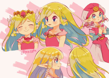 3girls artist_name blonde_hair blue_sleeves closed_eyes closed_mouth commentary_request dress facing_viewer hat highres jewelry long_hair looking_at_viewer multiple_girls multiple_persona necklace nintendo no_headwear no_neckwear open_mouth own_hands_together pink_dress pink_hat pointy_ears princess_zelda profile smile the_legend_of_zelda the_legend_of_zelda:_ocarina_of_time the_legend_of_zelda:_skyward_sword the_legend_of_zelda:_the_wind_waker tiara tokuura toon_zelda twitter_username young_zelda