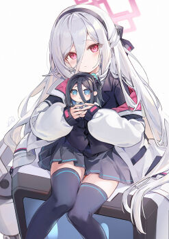 1girl aris_(blue_archive) black_hairband black_thighhighs blue_archive character_doll commentary_request doll hair_between_eyes hairband halo highres jacket kei_(blue_archive) kei_(new_body)_(blue_archive) kita_(kitairoha) long_hair sitting skirt solo thighhighs